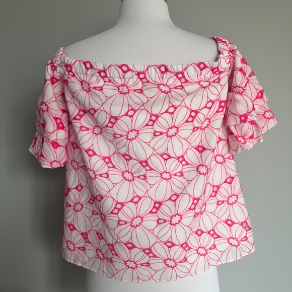 Lilly Pulitzer Razberry Botanical Chiffon Eyelet Lesley Off the Shoulder Blouse - Picture 6 of 11